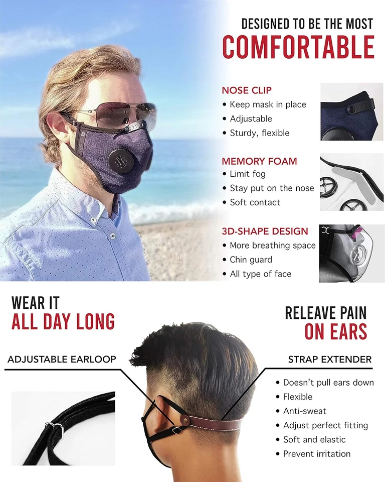 Maschera Con Filtro E Valvola Di Respirazione per Uomo/Donna, Taglia L, Blu - Immagine 2 di 4