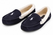 Polo Ralph Lauren Womens Moccasin Slippers Size 8 Navy Sherpa Lined NWB