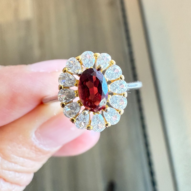 925 Sterling Silver Ring 6x4mm Natural Rhodolite Garnet Zircon Flower Handmade
