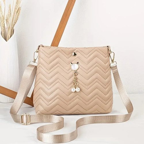 Women's Quilted Crossbody Bag with Cat Pearl Pendant - Elegant Shoulder Purse - Picture 16 of 28