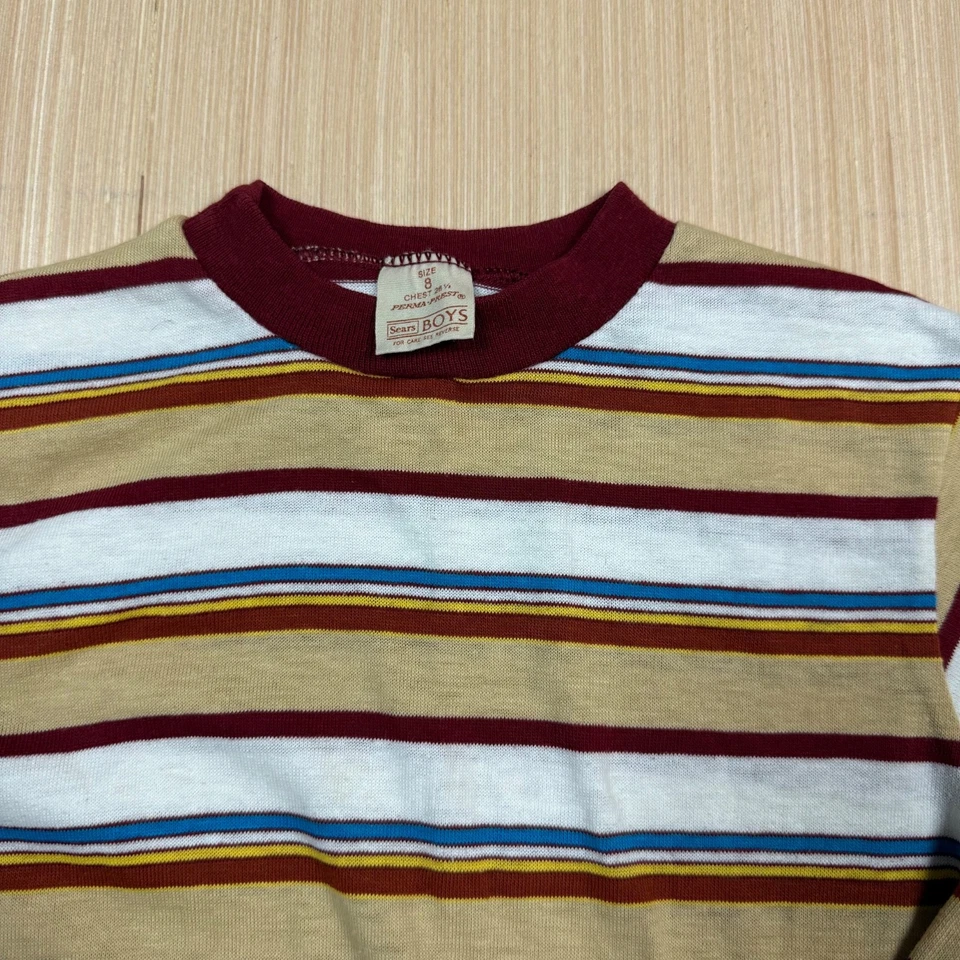 Vintage 70s 80s Sears Striped T shirt boys size 8 grunge Perma Prest Brown - Image 2 of 4