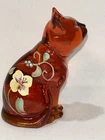 Fenton Glass Hand Painted Orange Amber Sitting Cat Figurine Signed P. Lauderman