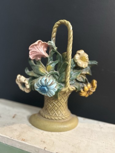 Fermaporta vintage in ghisa CESTO FIORI dipinto floreale fermaporta Donsco Inc anni '50 - Foto 4 di 14