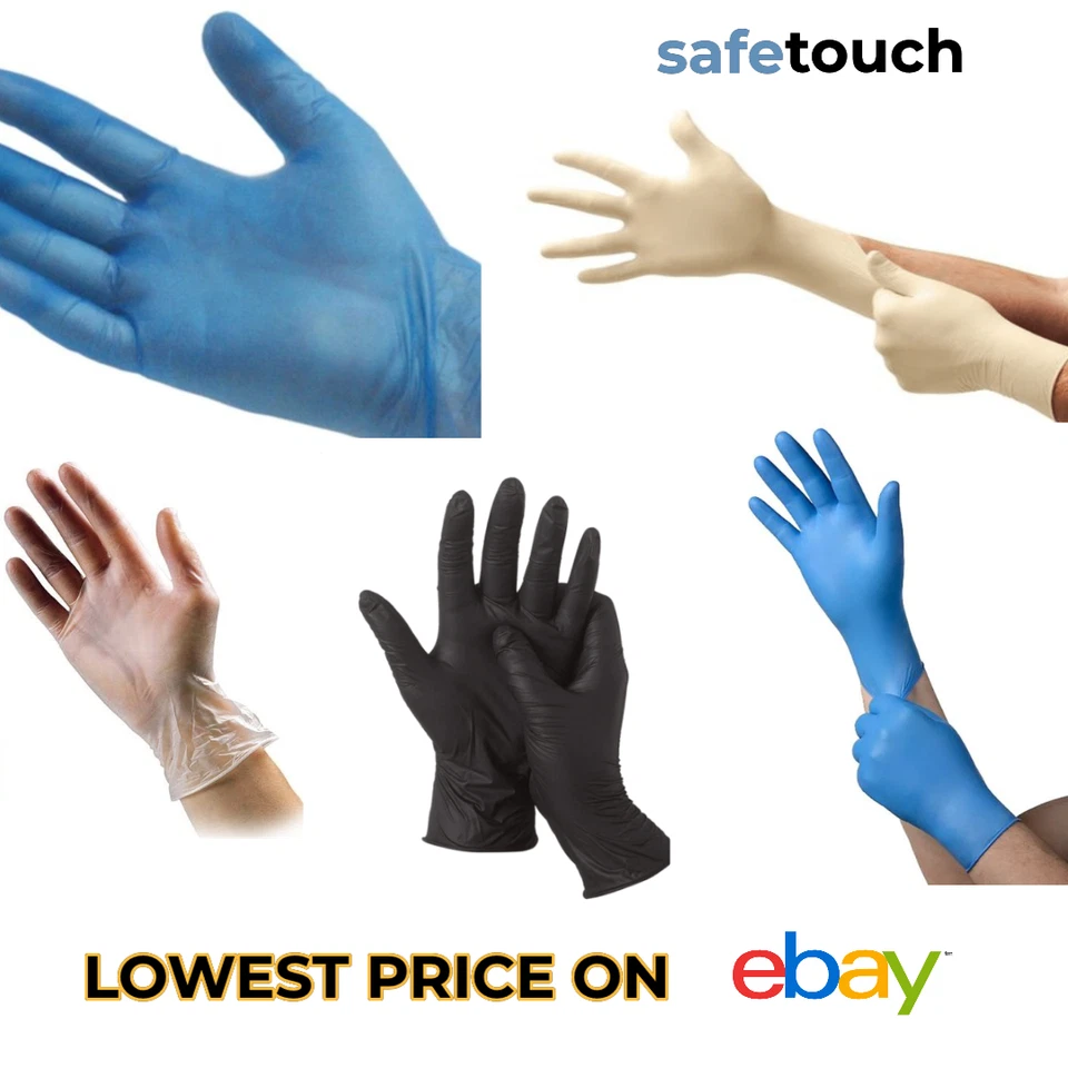 SAFETOUCH Disposable Latex, Black Nitrile or Blue Vinyl Gloves Powder Free - 100 Boxed