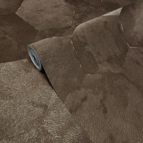 Geometric Hexagon bronze brown metallic wallpaper faux cow hide skin textured 3D - Picture 5 of 16