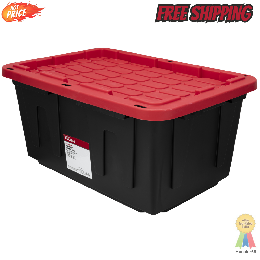 Hyper Tough 27-Gallon Black Storage Bin with Red Snap Lid  