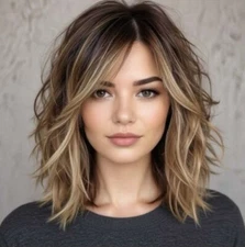 Short Bob Layered Cut Balayage Ash Blonde Lace Front Human Hair Wigs for Women