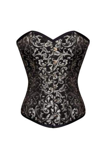 Women’s Overbust Corset Black Silver Brocade Gothic Bustier Training Costume Top - Picture 1 of 3
