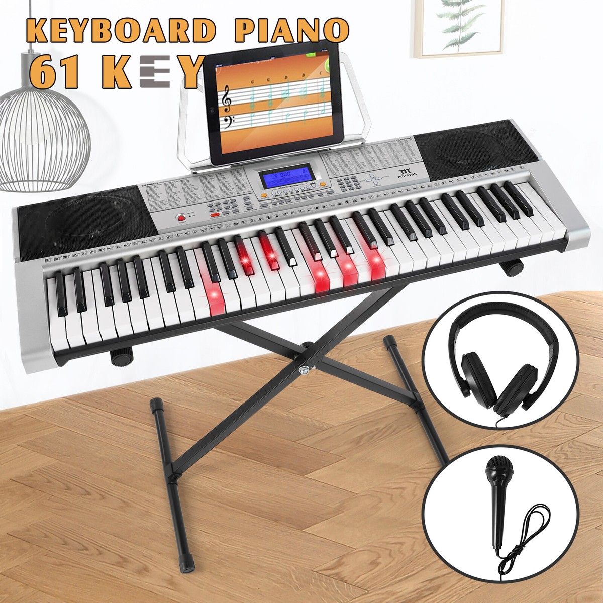 Portable 61Keys Electronic Lighted Keyboards Piano w/ Stand