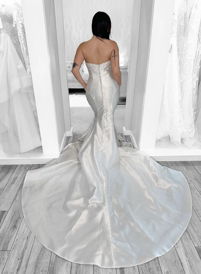 Русалка атласные свадебные платья шикарный без бретелек бисером Sweep поезд свадебные платья - Изображение 3 из 4