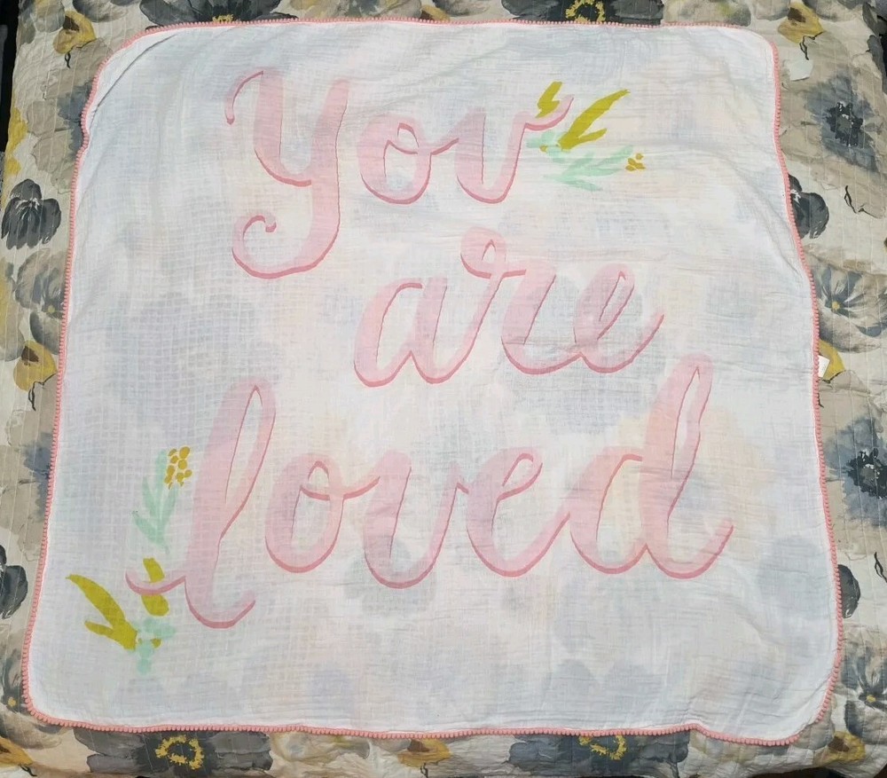 Cloud Island Muslin Blanket White Pink Ball Edge You Are Loved  Cotton 48 Inches