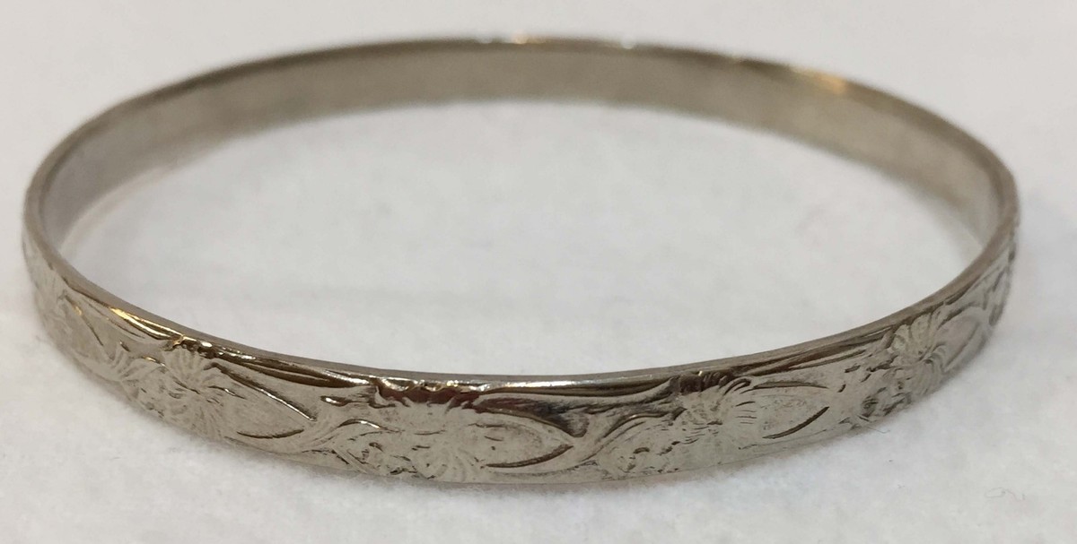 Bangle Bracelet Silver Tone Etched Repeating Floral Design Mexico