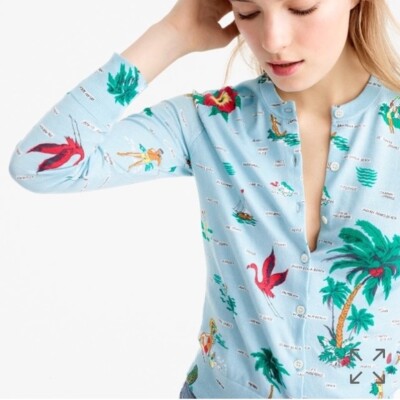 NWT J Crew Jackie Cardigan Sweater XXS Florida Retro 50s Travel Print Blue 