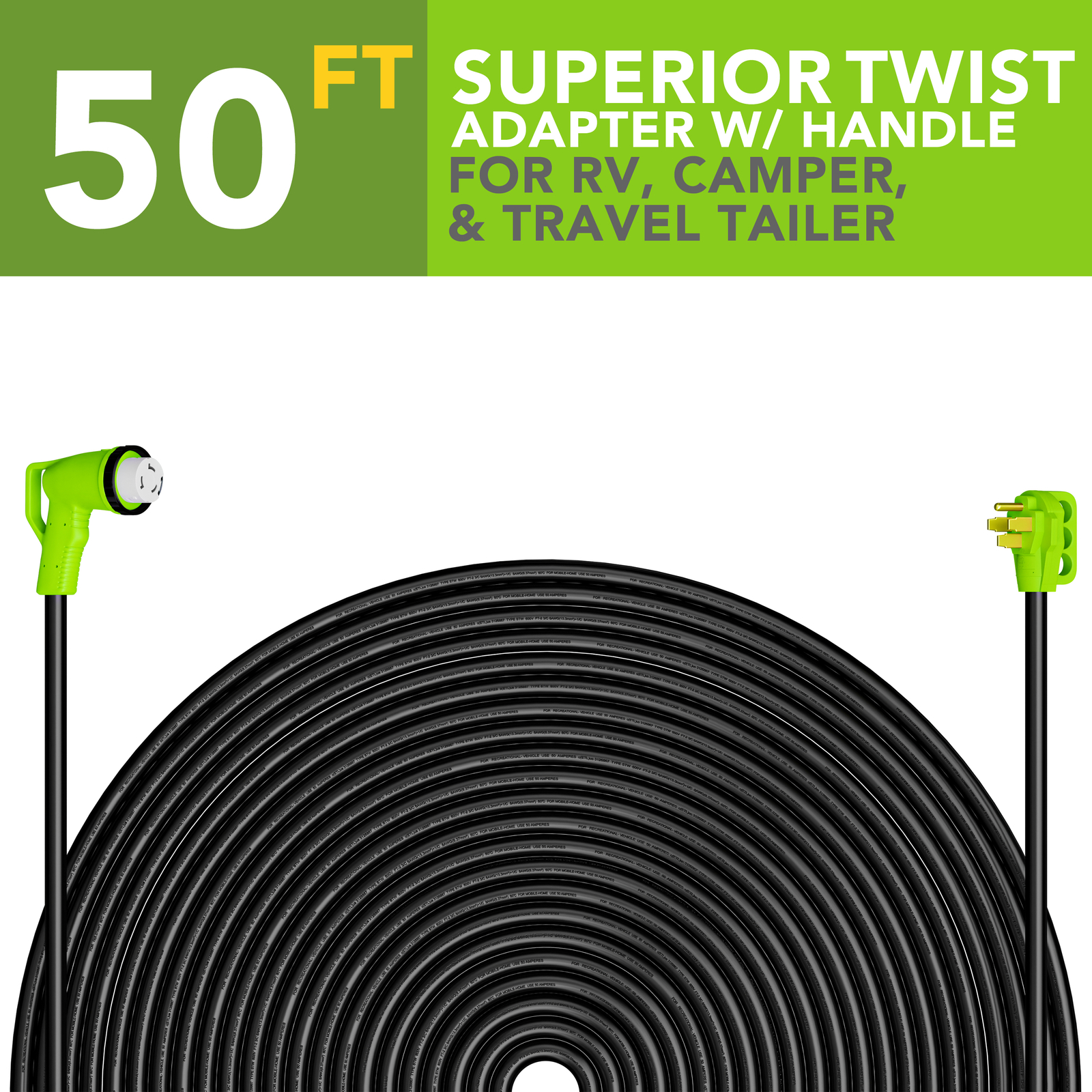 50 FOOT 50AMP 90-Degree Locking Heavy Duty RV Extension Cable Leisure Cords