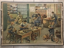 Original vintage pull down school chart of Shoe manufacturing factory