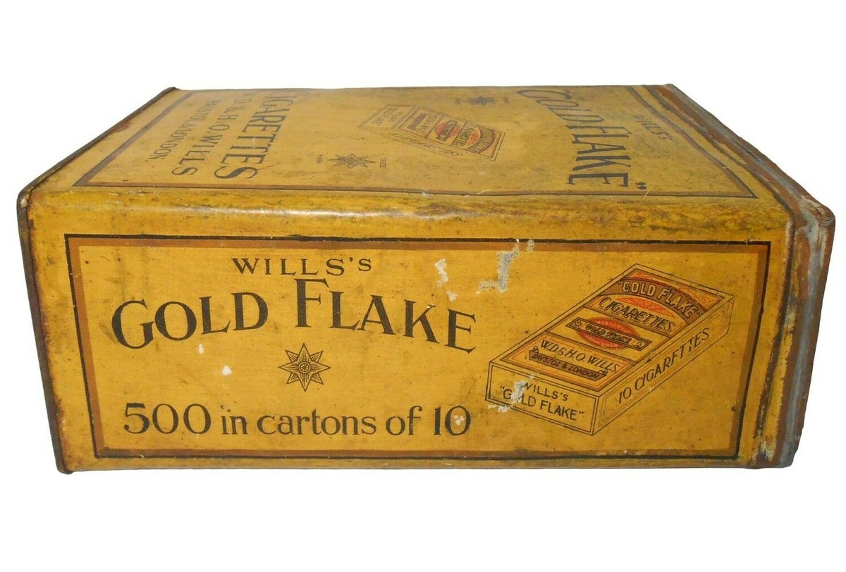 wills gold flake cigarette tin WILL'S GOLD FLAKE CIGARETTES (UK) 1930'S VINT LITHO'D ENAMEL TIN CIG CAN,  NO LID