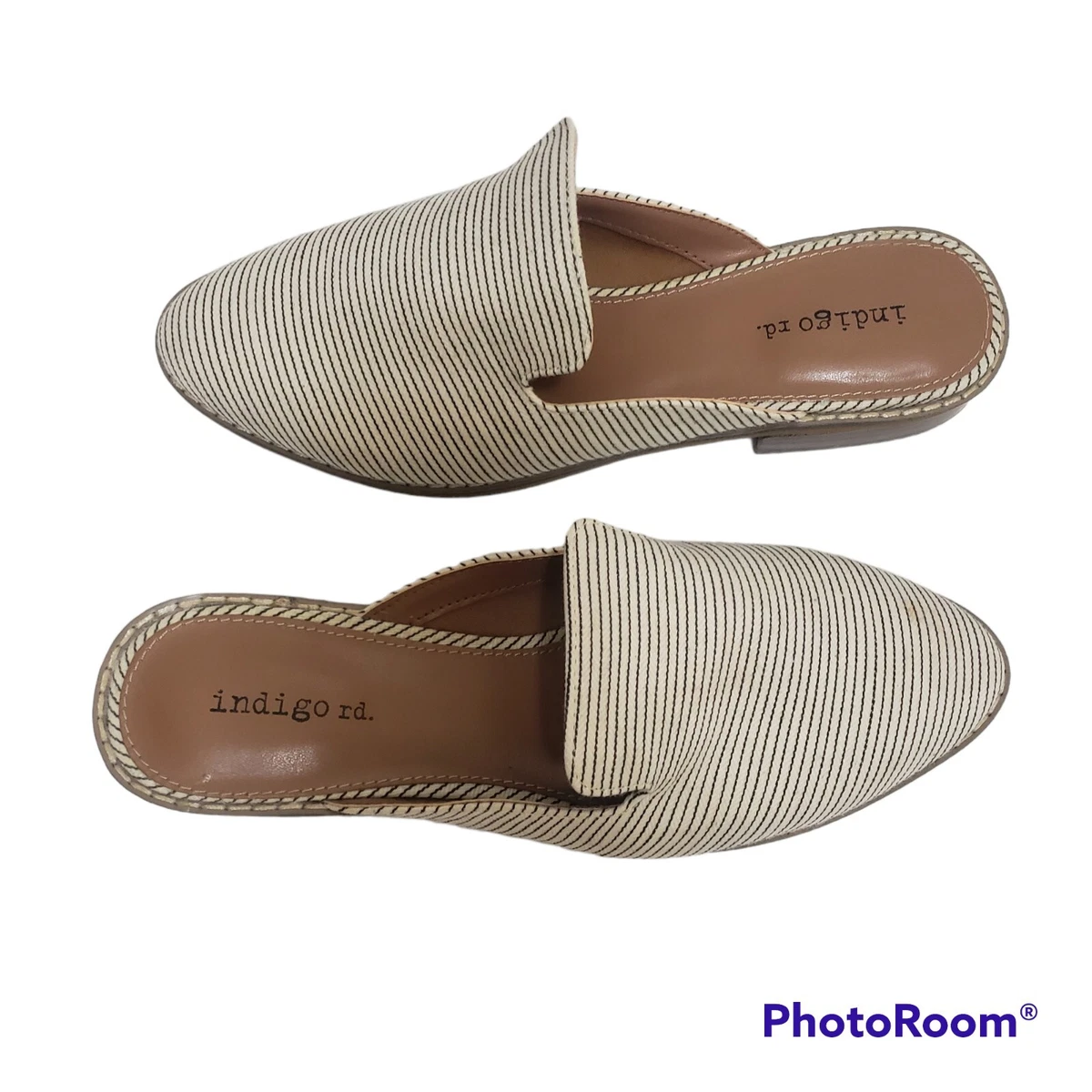 INDIGO Rd. Ivory And Black Stripe Almond Toe Slip On Flat Mules