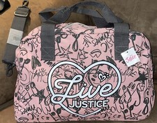 JUSTICE DUFFLE BAG PINK/GRAY MUSIC MAKES ME HAPPY GRAFFITI SUPER CUTE 