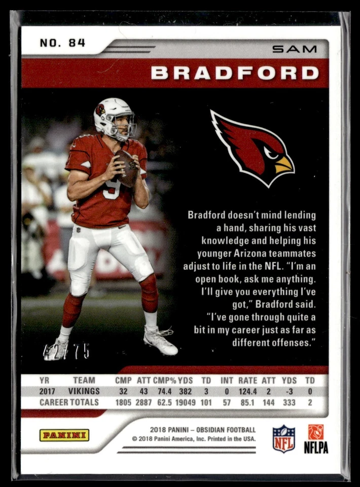 2018 Panini ObsidianElectric Etch Purple #84 - Sam Bradford /75 - Image 2 of 2