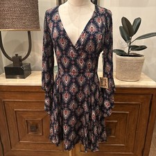 PPLA Women Size Small Boho Peasant Bell Sleeve Dress Peacock Lined Navy New