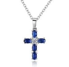 Women Blue Cubic Cz Crystal Cross Small Silver Pendant Necklace N153