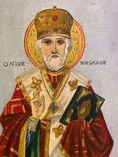Antique Framed Orthodox Church Icon of St Nicholas of Myra Canvas Russia Greek