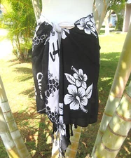 Hawaiian Sarong Short Black & White Hibiscus Pareo Beach Pool Cruise Wrap Skirt