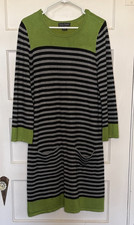 Jessica Howard Gray & Black Striped Sweater Dress with Olive Green Trim Size M