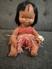 Vintage Rubber Hula Girl Doll With Hula Skirt Red Two Piece Swimsuit