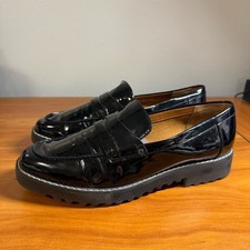 Franco Sarto Cassandra Black Patent Faux Leather Penny Loafer Chunky Lug Slip On