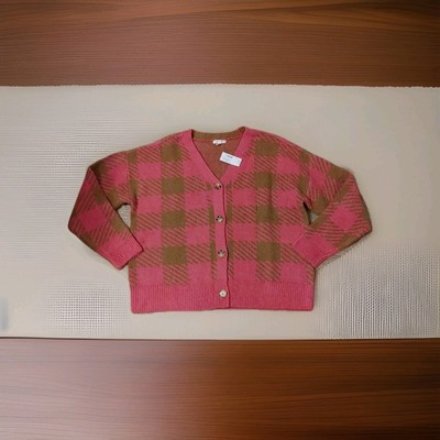 NEW Maurice's Cardigan Sweater L Buttoned Front Cropped Pink Brown checked Large
