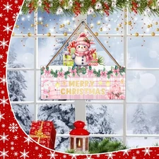 Merry Christmas Decoration Santa Snowman Pink Wooden Wall Hanging Sign Xmas Gift