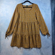 Wild Fable Mustard Yellow Floral Tiered Babydoll Mini Dress Long Sleeve Medium