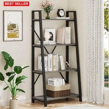 Bookcase Ladder Shelf 4 Tier Farmhouse Dark Grey Oak Finish Space Saver