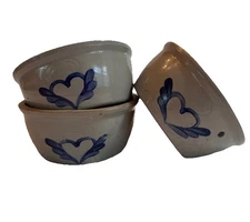 Vtg 1987 Beaumont Pottery York Salt Glaze Crock Cobalt Blue Heart bowls 6.25"x3"