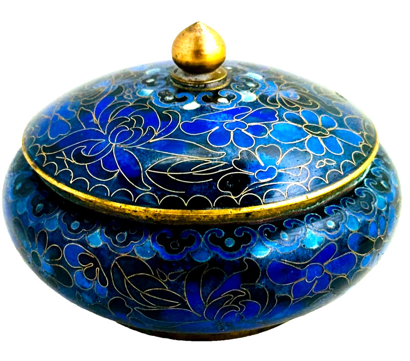 Vintage Zi Jin Cheng  Cloisonné Chrysanthemum Blue Flower Covered Jar Bowl