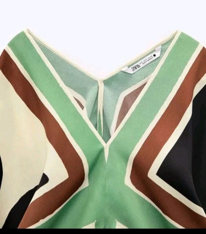 NUEVO SIN ETIQUETAS ZARA Manga Ala de Murciélago Estampado Geométrico con Corbata Cuello en V M, L, XL CRUDO m7807/026 Foto 4 de 4