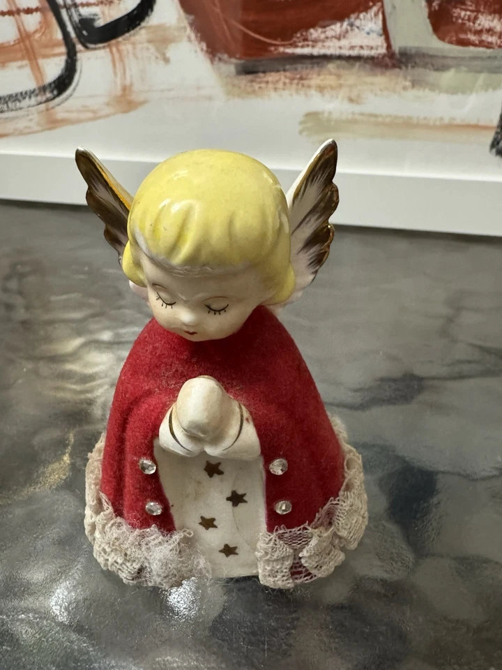 Vintage Angels Ceramic Christmas Figurines Pair Felt Robes & Lace Gold Stars C1 - Image 4 of 4