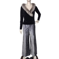 Vintage 70s Lurex Black Metallic Silver Elastic High-Waist Wide Leg Pants S/M/L