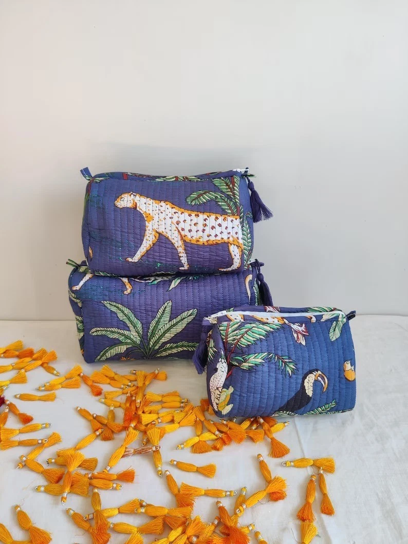 Indian Cotton Blue Forest Toiletry Bag Unisex Makeup Bags Waterproof 3 Pcs. Sets