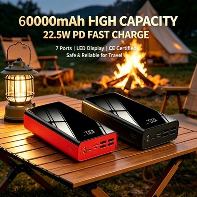 60000mAh Large Capacity Mobile Power Bank Fast USB Charger With LED Flashlight
