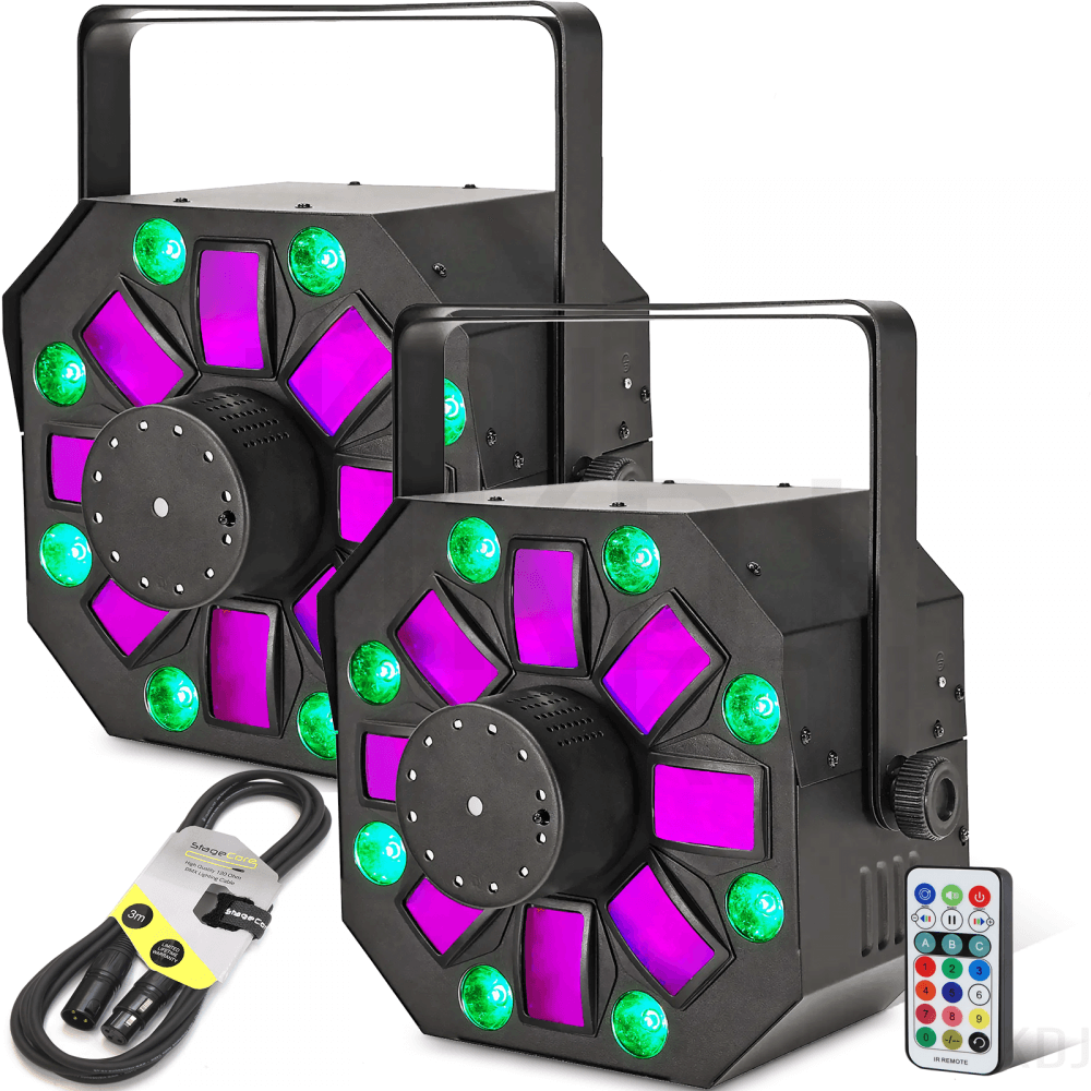 2x Equinox Hornet FX 4-in-1 Effect Derby Laser Strobe RGBWA Wash inc Remote Lead