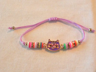 Adorable Purple Kitty Cat face Bracelet adjustable cord Lavender pastel neon
