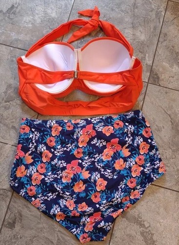 Angerella Women's XXL Slimming High Waisted Two Piece Bathing Suit Orange Navy - Picture 4 of 7