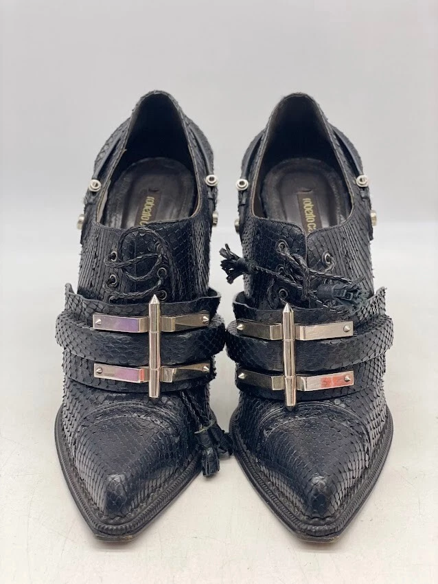 Roberto Cavalli 女式黑色皮革高跟鞋 110 带 Python 手镯 41 码 — 第 2/4 张图片