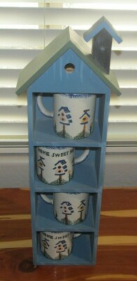 Stoneware Collection Birdhouse  Coffee Tea Mugs  Set of 4 w/ Wooden Holder 