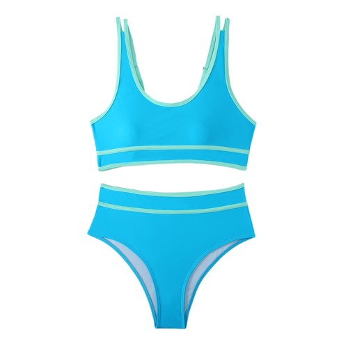 Damen High Waist Bikini Sets Sportlich Zweiteiler Badeanzüge Color Block Anzüge - Bild 7 von 48