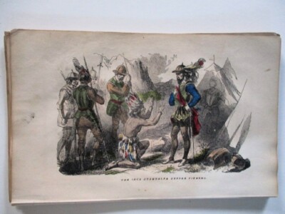 Vtg. Print,The INCA ATAHUALPA Before PIZZARO, Hand Colored,NATIVE AMERICANS,1840