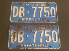 1969 Maryland White Black License Plate Matched Set Pair DB 7750 MD