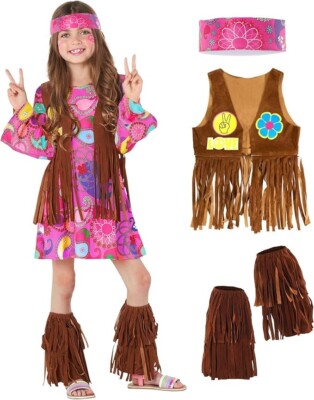 Girls 1970s Pink Hippie Costume Kids 70s Hippy Flower Child